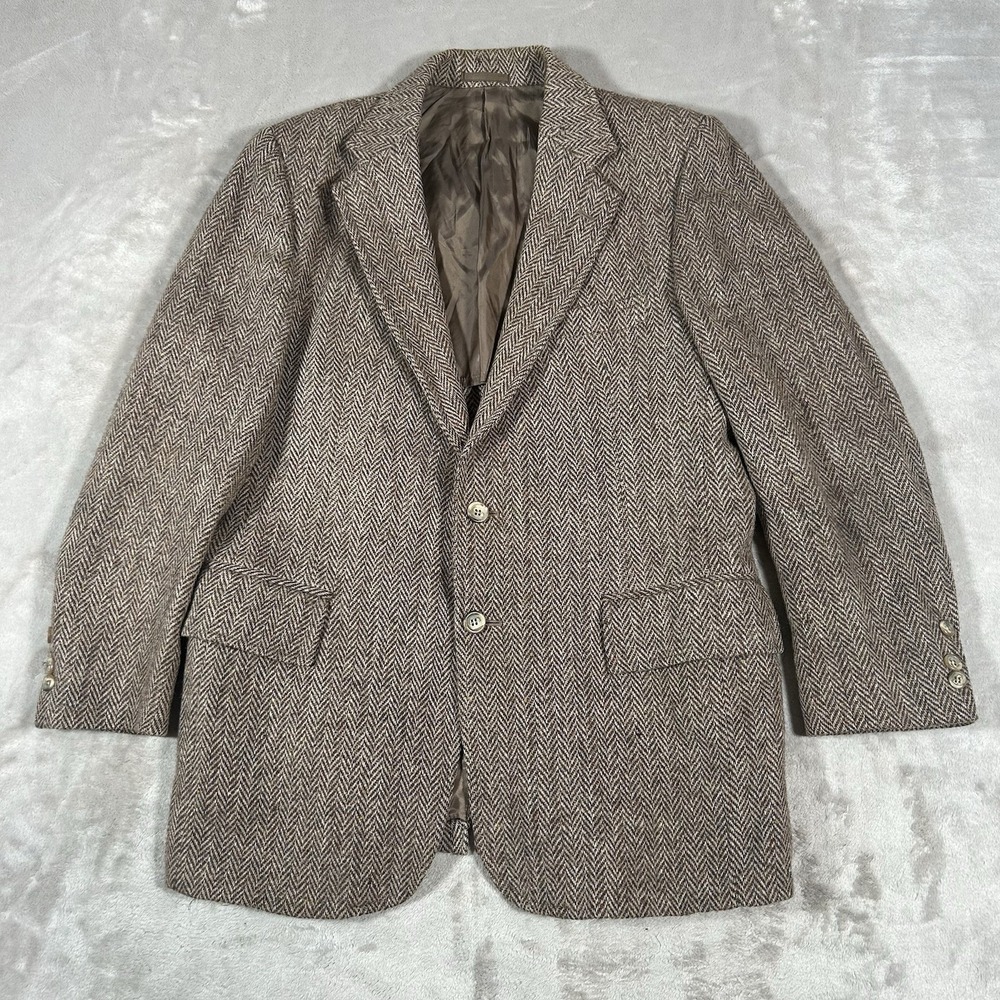 VTG Harris Tweed Blazer Mens 40R Brown Herringbone 100% Scottish Wool Handwoven